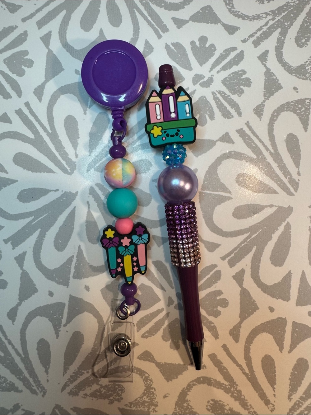 Decorative Purple Beaded Retractable Badge Reel and Pen Set